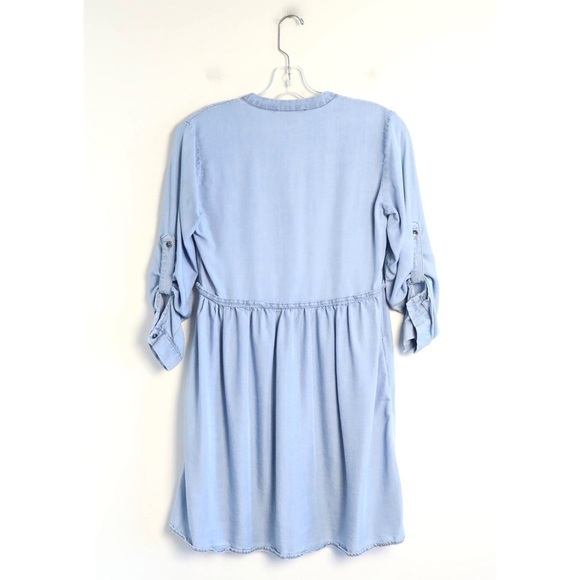 Dex chambray dress roll tab sleeve XS glitter pockets trim short mini tencel - Picture 3 of 9
